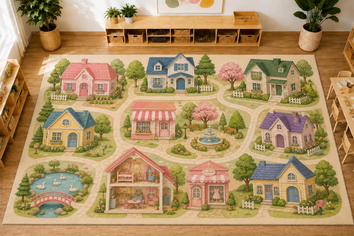 ICE ARMOR Large 6'7" x 9'10" Dollhouse Village Area Rug, Soft Low Pile Indoor Rug with Non-Slip Silicone Backing for Kids Room and Playroom, Beige