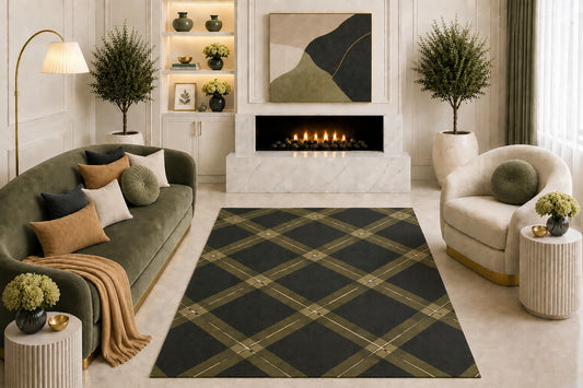 ICE ARMOR "Ultra Light Weight 5' x 7' Black Olive Green Argyle Area Rug Modern Diamond Plaid Geometric Living Room Bedroom Office Decor Non-Slip Silicone Backing Low Pile
