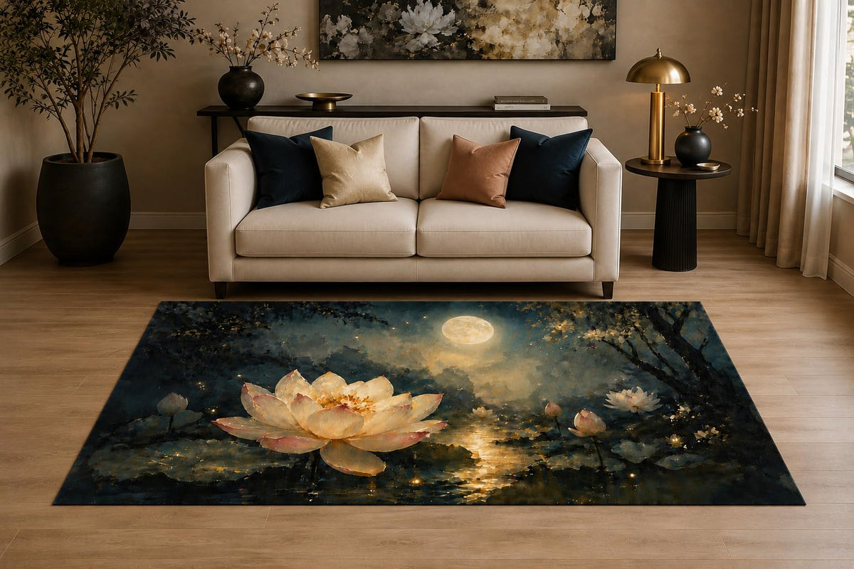 ICE ARMOR "Ultra Light Weight 5' x 7' Moonlit Lotus Glow Area Rug for Living Room, Bedroom and Home Office, Soft Low Pile Carpet with Non-Slip Silicone Backing, Navy and Cream
