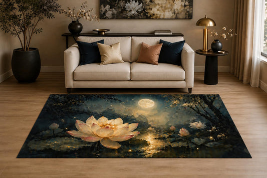 ICE ARMOR "Ultra Light Weight 5' x 7' Moonlit Lotus Glow Area Rug for Living Room, Bedroom and Home Office, Soft Low Pile Carpet with Non-Slip Silicone Backing, Navy and Cream