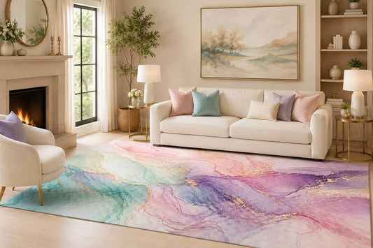 ICE ARMOR 6'7" x 9'10" Pastel Marble Flow Area Rug for Living Room, Soft Low Pile Indoor Rug with Non-Slip Silicone Backing, Decorative Carpet for Bedroom, Dining Room and Office, Multicolored