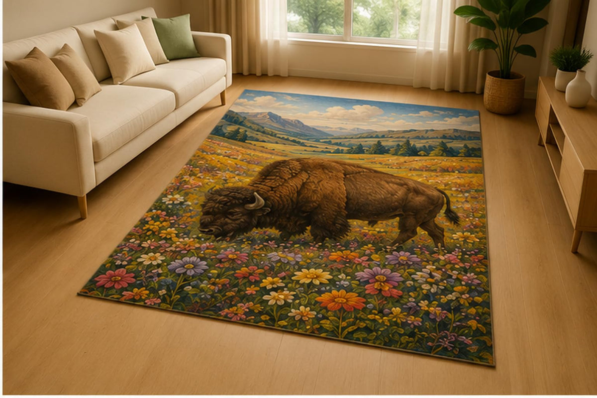 ICE ARMOR 5' x 7' Grazing American Bison Wildflower Area Rug for Living Room, Soft Low Pile Indoor Rug with Non-Slip Silicone Backing, Prairie Wildlife Decor for Bedroom, Office, Family Room, Brown