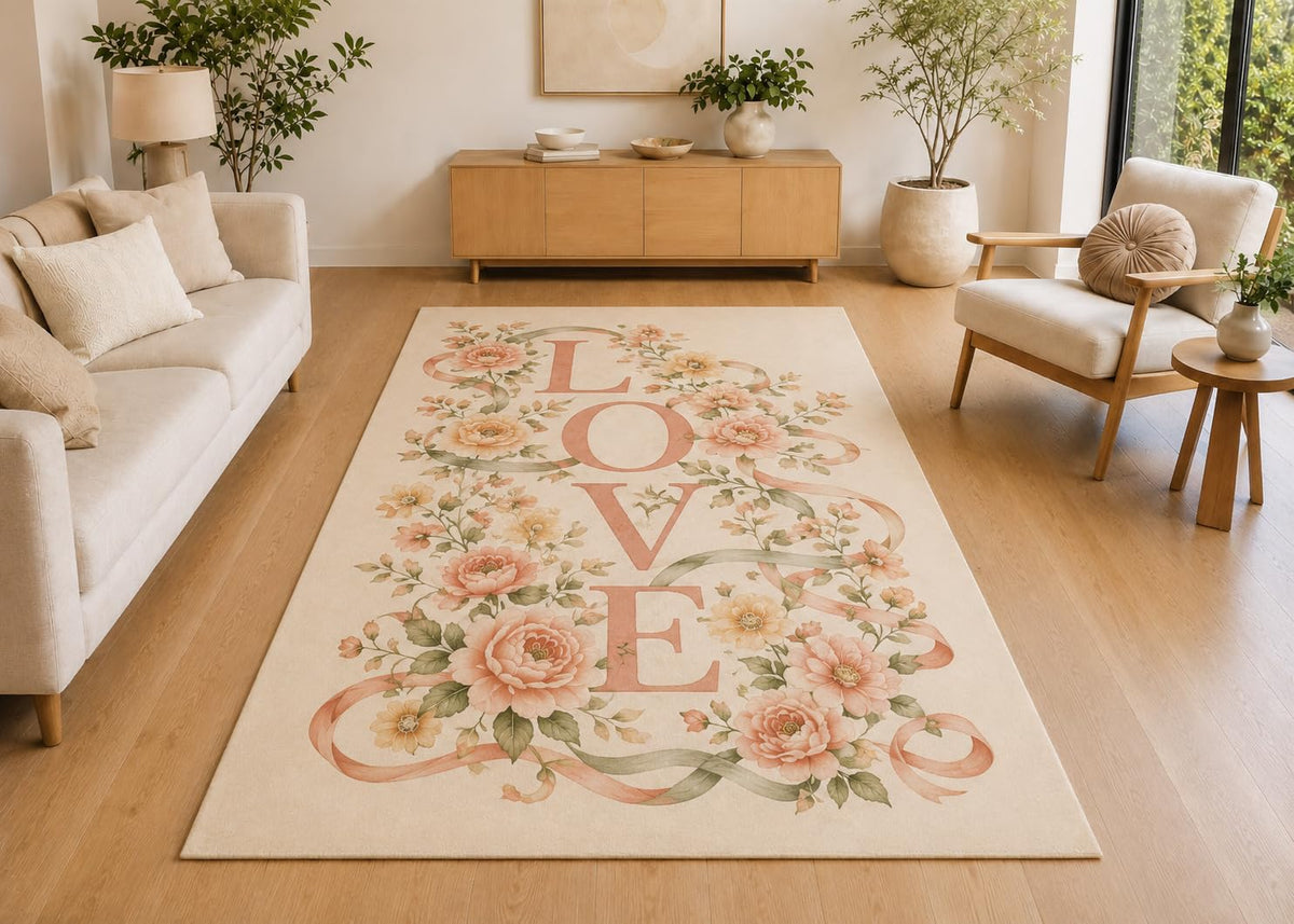 ICE ARMOR 5' x 7' Vertical Floral Love Ribbon Area Rug, Soft Low Pile Indoor Rug with Non-Slip Silicone Backing for Living Room, Bedroom, Office, Family Room, Cream Blush Pink