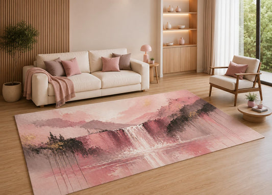 ICE ARMOR 5' x 7' Pink Waterfall Landscape Area Rug with Non-Slip Silicone Backing Low Pile Soft Carpet for Living Room Bedroom Office Abstract Nature Decor