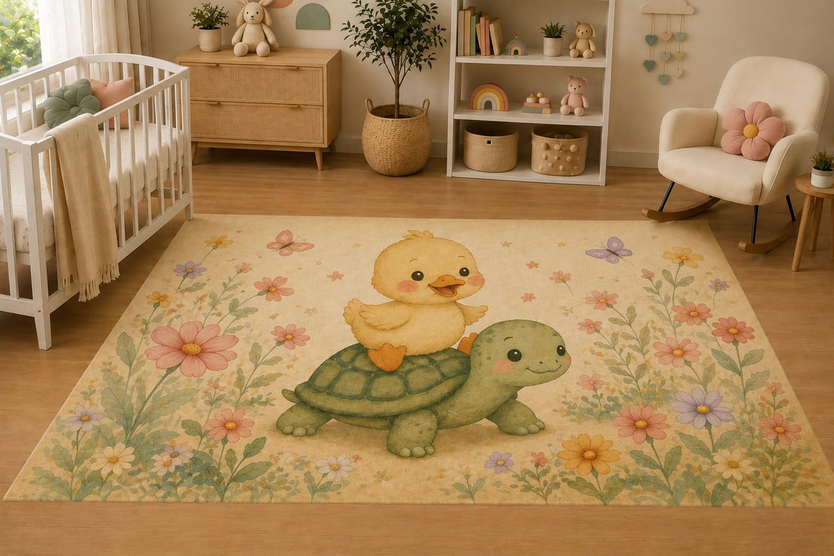 ICE ARMOR 5' x 7' Baby Duck Riding Turtle Floral Area Rug for Nursery, Soft Low Pile Indoor Rug with Non-Slip Silicone Backing, Kids Room, Playroom, Kids & Pets, Beige Green