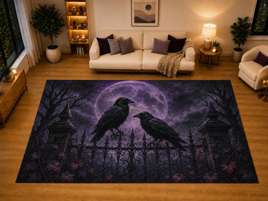 ICE ARMOR "Ultra Light Weight Large 6'7" x 9'10" Two Ravens Purple Full Moon Area Rug for Living Room Bedroom, Soft Low Pile Non-Slip Backing, Black Purple Gothic Halloween Decor