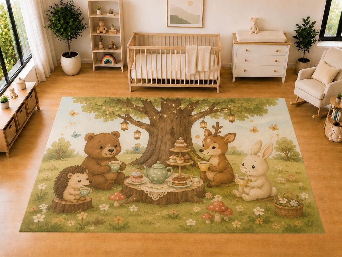 ICE ARMOR "Ultra Light Weight Large 6'7 x 9'10 Woodland Tea Party Animals Area Rug for Kids Room Nursery Playroom Soft Low Pile Indoor Carpet Cute Forest Floor Decor