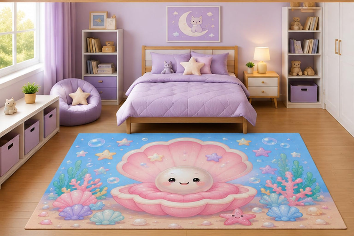 ICE ARMOR 5' x 7' Cute Smiling Pearl in Pink Seashell Area Rug for Girls Bedroom Nursery Playroom Scandinavian Minimalist Coastal Ocean Decor Non-Slip Silicone Backing Low Pile