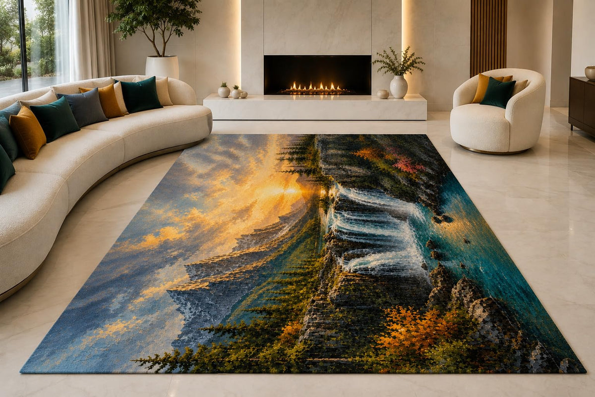 ICE ARMOR "Ultra Lightweight Large 6'7" x 9'10" Mountain Cascade Area Rug for Living Room, Bedroom and Home Office, Soft Low Pile Carpet with Non-Slip Silicone Backing, Blue and Amber