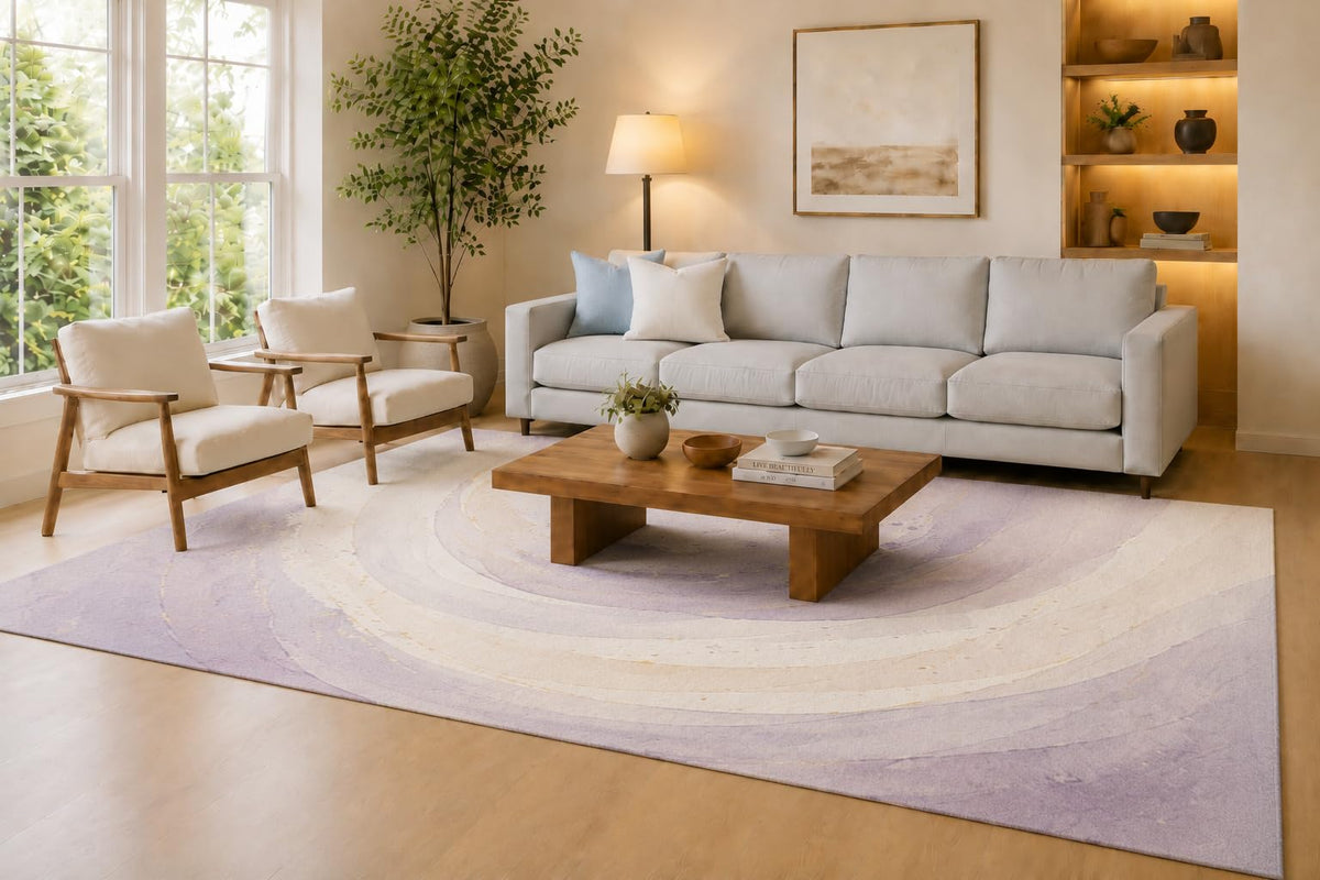 ICE ARMOR Large 6'7" x 9'10" Lavender and Ivory Moonlit Swirl Area Rug for Living Room, Soft Low Pile Carpet with Non-Slip Silicone Backing, Decor for Bedroom, Dining Area and Home Office