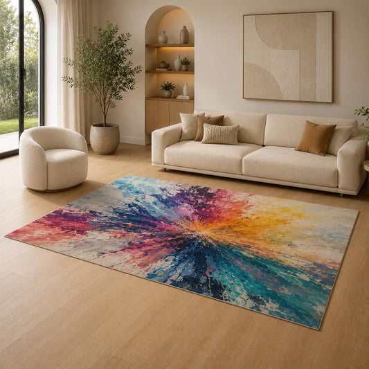 ICE ARMOR 5' x 7' Colorful Abstract Splash Area Rug, Soft Low Pile Indoor Rug with Non-Slip Silicone Backing, Modern Contemporary Art Carpet for Living Room, Bedroom, Dining Room, Office, Multicolor