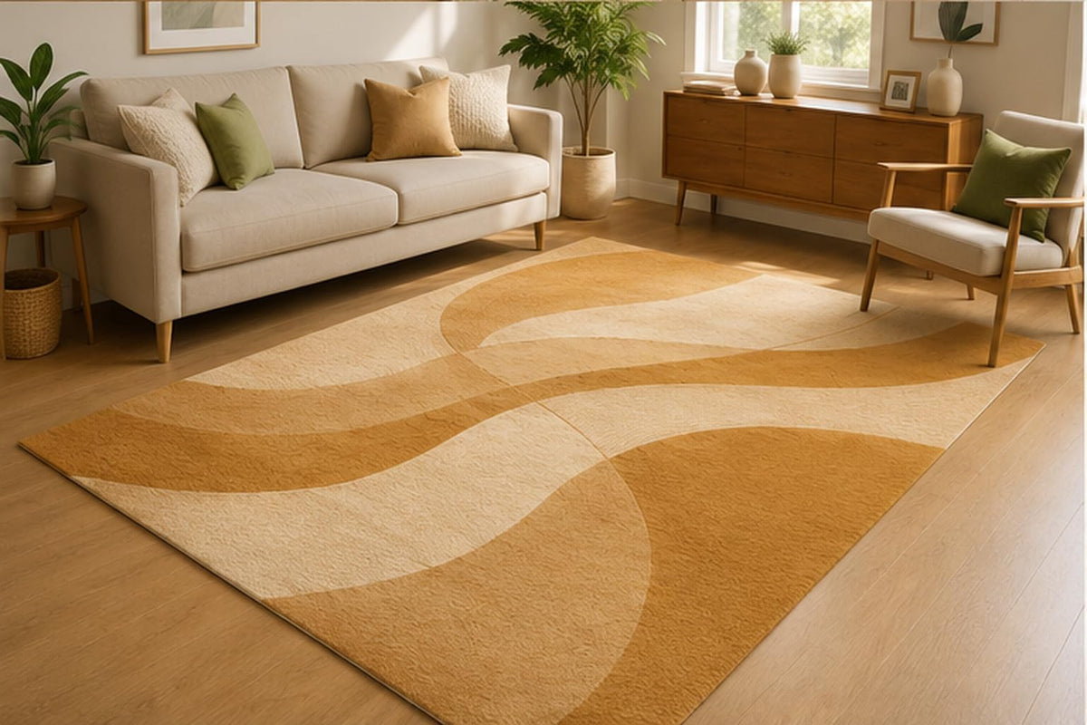 ICE ARMOR 5' x 7' Mustard Abstract Ribbon Area Rug for Living Room, Soft Low Pile Indoor Rug with Non-Slip Silicone Backing, Modern Decorative Carpet for Bedroom, Office, Family Room, Mustard Beige