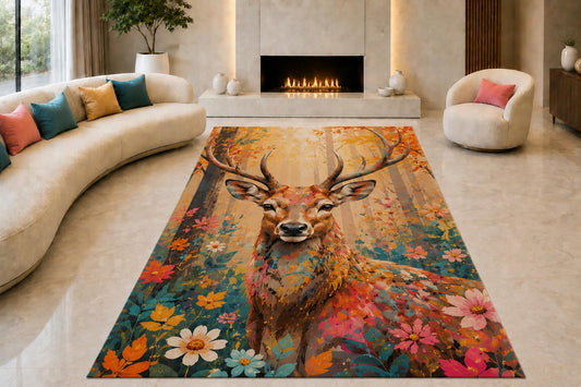 ICE ARMOR "Ultra Lightweight Large 6'7" x 9'10" Colorful Floral Stag Area Rug for Living Room, Bedroom and Home Office, Soft Low Pile Carpet with Non-Slip Silicone Backing, Orange and Teal
