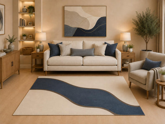 ICE ARMOR "Ultra Light Weight 5' x 7' Modern Abstract Wave Area Rug Navy Blue Cream Minimalist Curved Design for Living Room Bedroom Dining Room Office Non-Slip Silicone Backing Low Pile