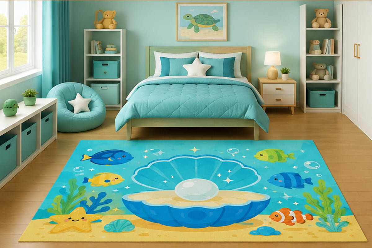 ICE ARMOR 5' x 7' Underwater Pearl Oyster Area Rug for Kids Bedroom Nursery Playroom Scandinavian Minimalist Ocean Sea Life Decor Non-Slip Silicone Backing Low Pile