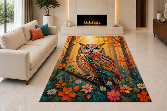ICE ARMOR "Ultra Light Weight 5' x 7' Colorful Floral Owl Area Rug for Living Room, Bedroom and Home Office, Soft Low Pile Carpet with Non-Slip Silicone Backing, Orange and Teal
