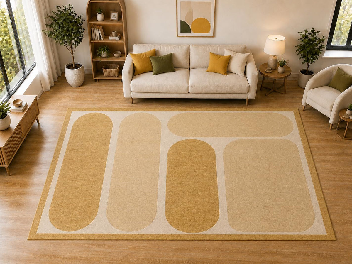 ICE ARMOR "Ultra Light Weight Large 6'7 x 9'10 Mustard Rounded Block Pattern Area Rug for Living Room Bedroom Dining Room Soft Low Pile Indoor Carpet Modern Floor Decor