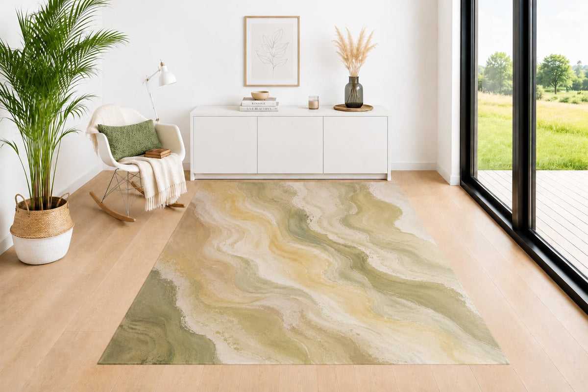 ICE ARMOR 5' x 7' Organic Wave Area Rug, Sage Green Beige Cream and Sand Contemporary Pattern, Soft Low Pile Carpet for Living Room Bedroom Office Decor
