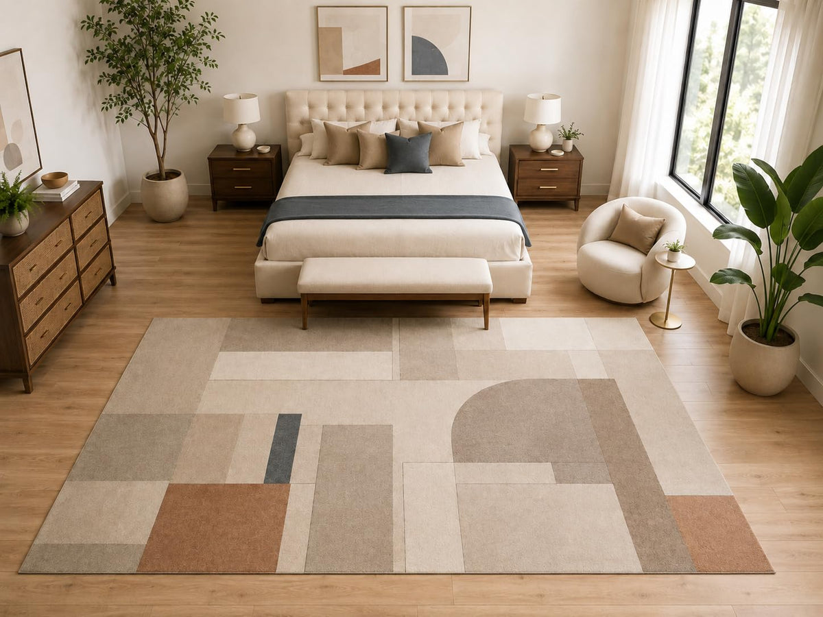 ICE ARMOR "Ultra Light Weight Large 6'7" x 9'10" Modern Neutral Geometric Rug, Soft Low Pile Indoor Rug, Non-Slip Silicone Backing for Bedroom Beige