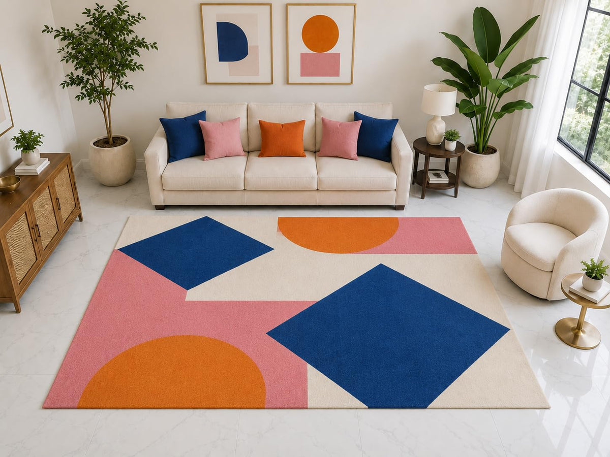 ICE ARMOR "Ultra Light Weight Large 6'7" x 9'10" Geometric Shapes Area Rug Carpet Soft Low Pile Indoor Rug and Non-Slip Silicone Backing for Bedroom Pink