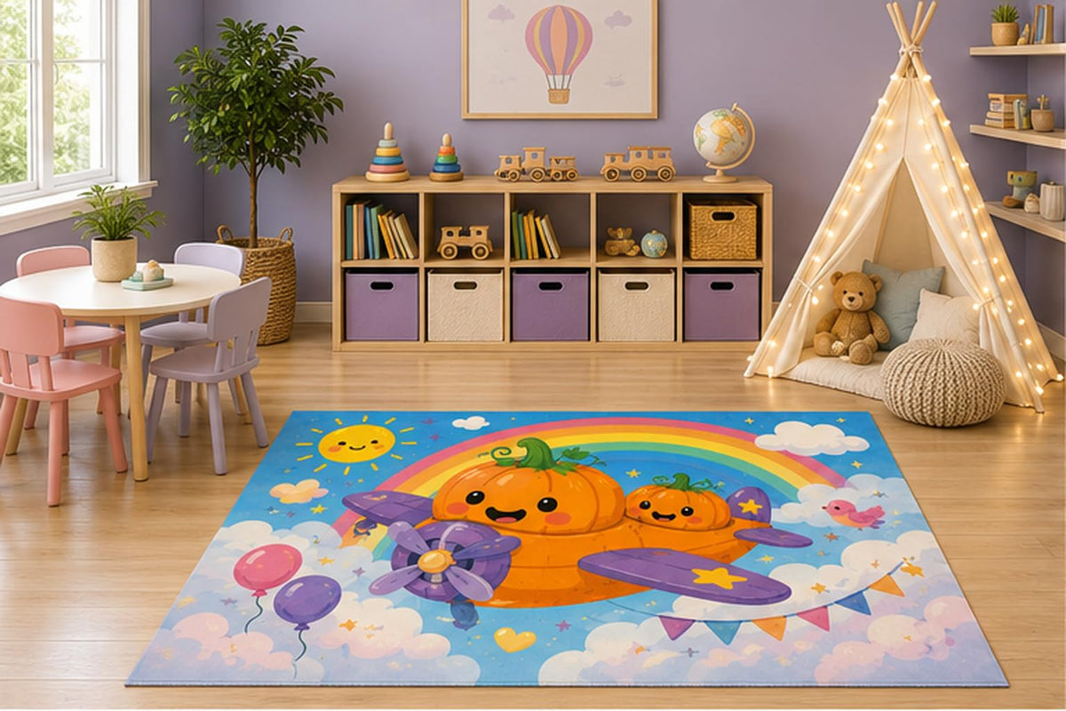 ICE ARMOR 5' x 7' Pumpkin Airplane Rainbow Kids Area Rug, Cute Flying Pumpkin Cartoon Sky Adventure Playroom Nursery Bedroom Classroom Decor, Non-Slip Silicone Backing Low Pile