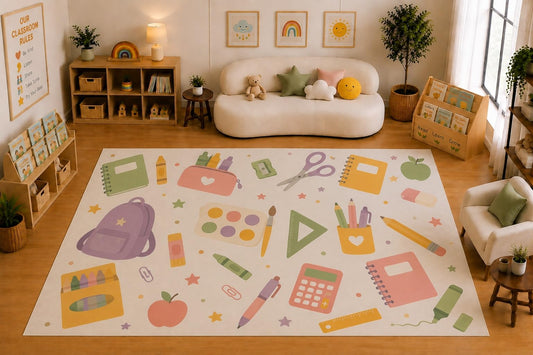 ICE ARMOR Large 6'7" x 9'10" School Supplies and Art Tools Area Rug for Kids Room, Classroom, Bedroom, Playroom Decor, Soft Low Pile Indoor Rug with Non-Slip Silicone Backing, Pastel Multicolor