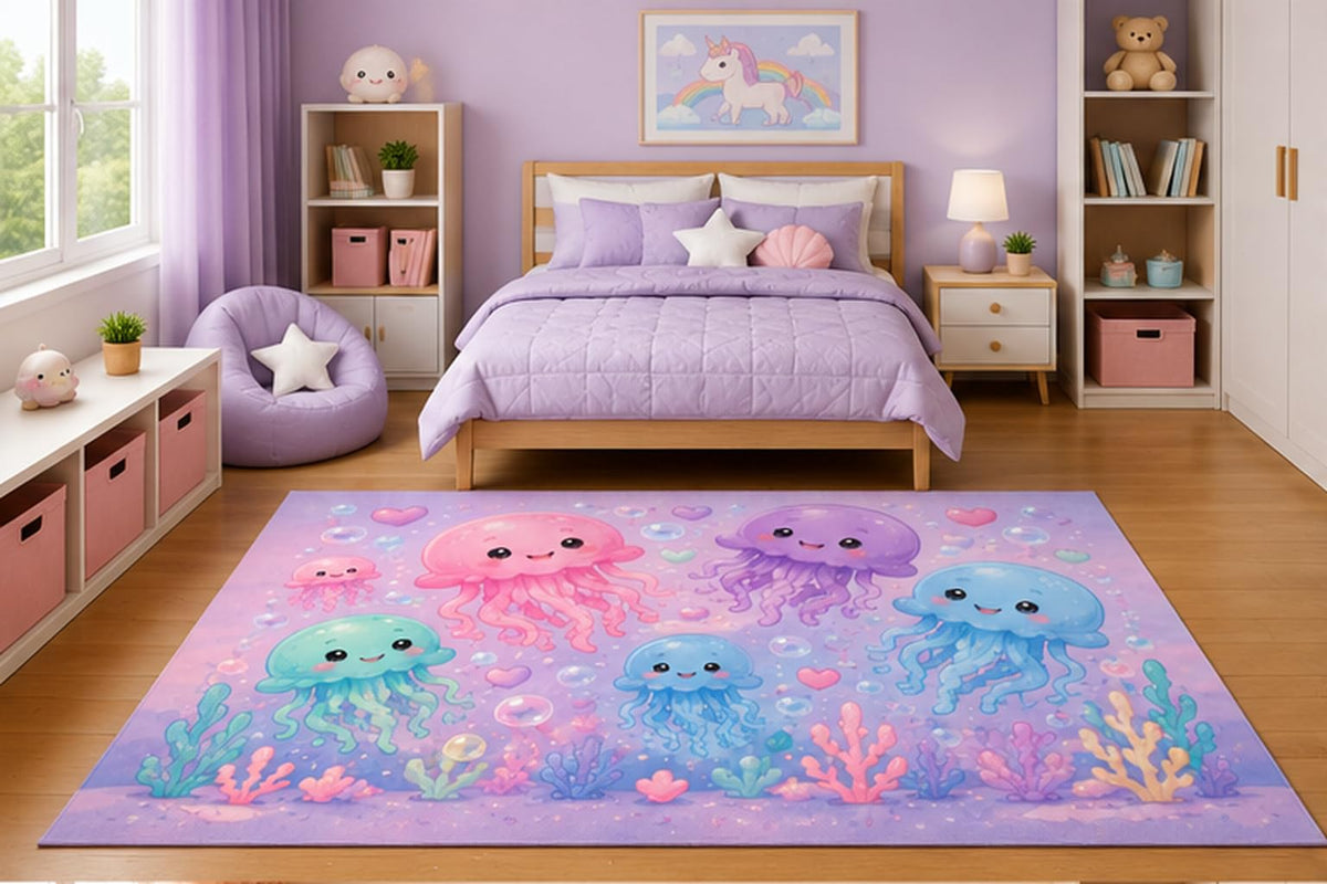 ICE ARMOR 5' x 7' Cute Pastel Jellyfish Ocean Area Rug for Girls Bedroom Nursery Playroom Scandinavian Minimalist Underwater Sea Life Decor Non-Slip Silicone Backing Low Pile