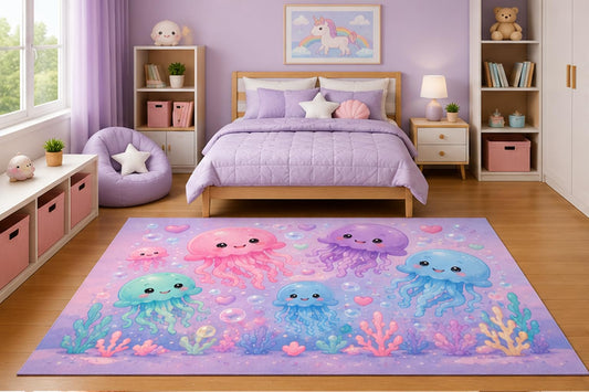 ICE ARMOR 5' x 7' Cute Pastel Jellyfish Ocean Area Rug for Girls Bedroom Nursery Playroom Scandinavian Minimalist Underwater Sea Life Decor Non-Slip Silicone Backing Low Pile