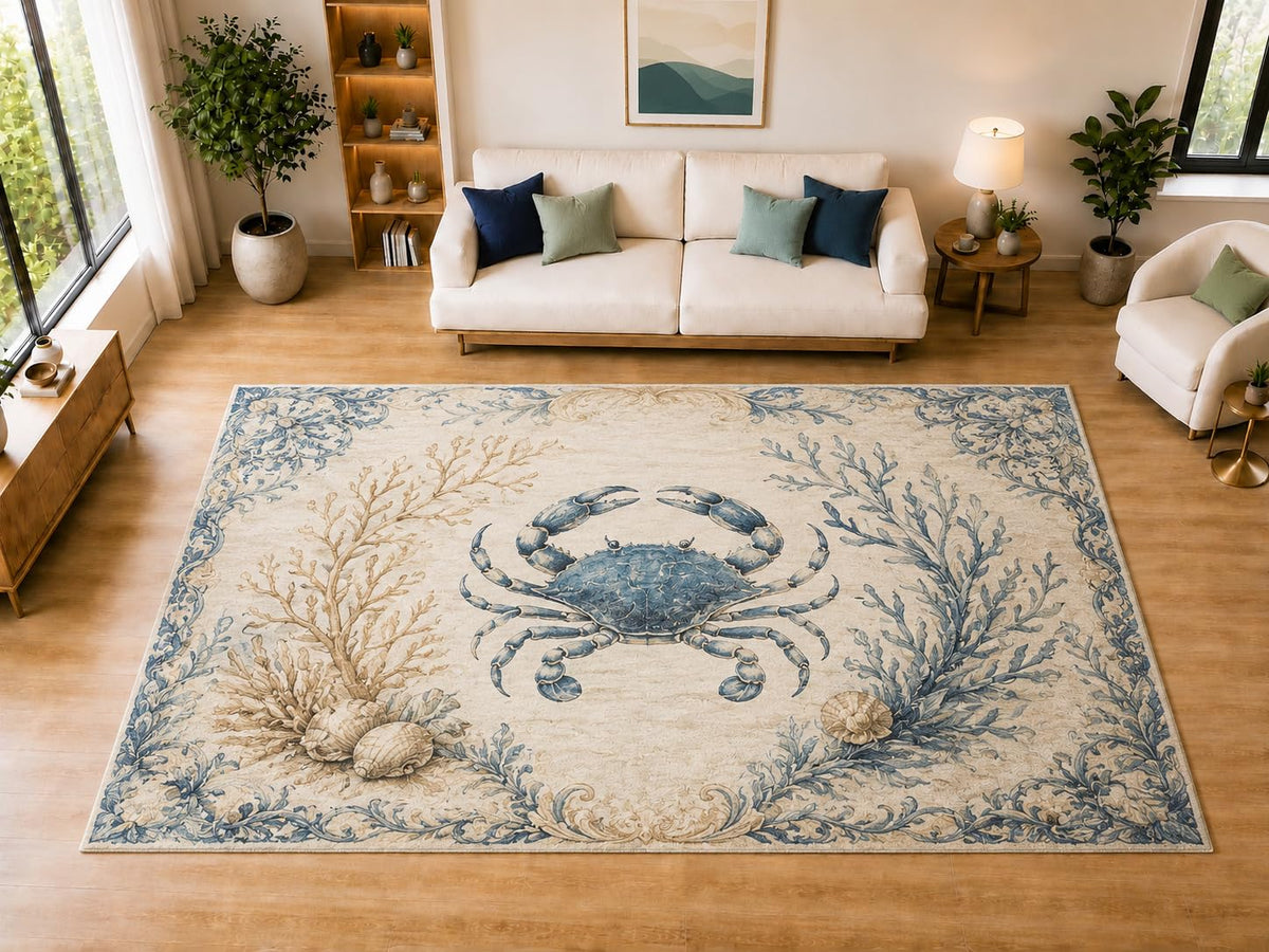 ICE ARMOR "Ultra Light Weight Large 6'7" x 9'10" Blue Crab Coral Area Rug for Dining, Living Room, Bedroom, Soft Low Pile Indoor Rug with Non-Slip Silicone Backing, Blue Cream