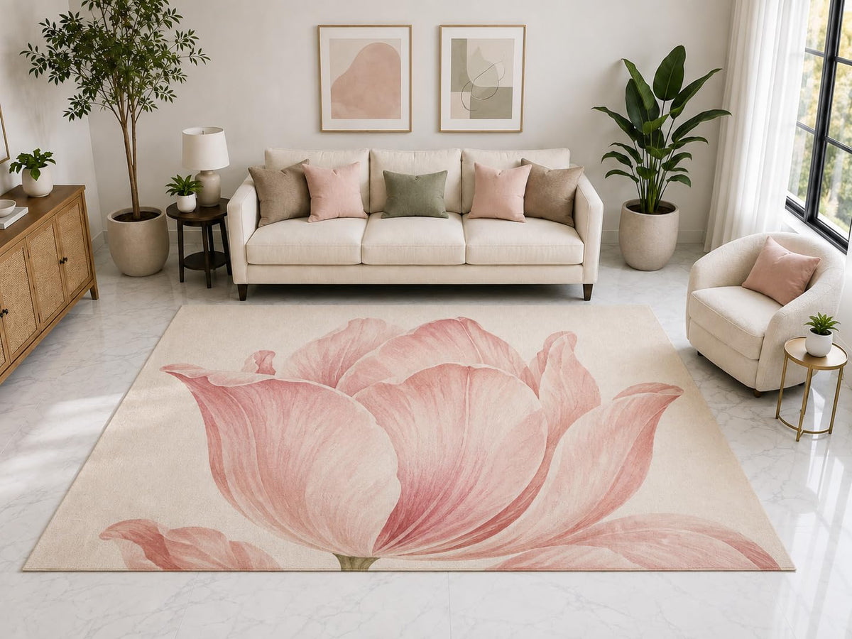 ICE ARMOR "Ultra Light Weight Large 6'7" x 9'10" Large Tulip Floral Rug, Soft Low Pile Indoor Rug, Non-Slip Silicone Backing for Living Room Pink