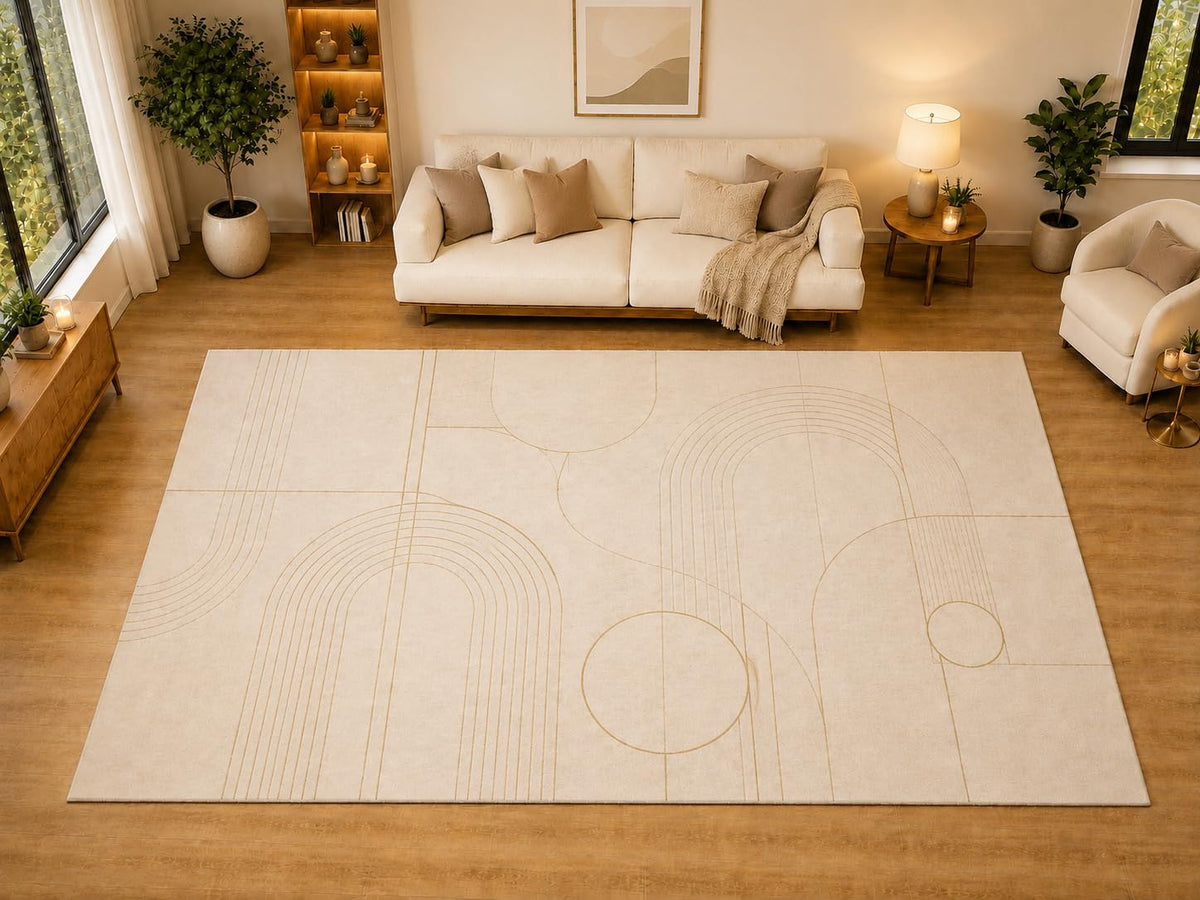 ICE ARMOR "Ultra Light Weight Large 6'7" x 9'10" Minimalist Line Arch Area Rug for Living Room, Bedroom, Dining Room, Soft Low Pile Non-Slip Backing, Cream