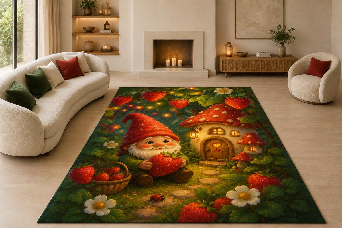 ICE ARMOR "Ultra Lightweight Large 6'7" x 9'10" Strawberry Garden Gnome Area Rug for Living Room, Bedroom and Home Office, Soft Low Pile Carpet with Non-Slip Silicone Backing, Red and Green