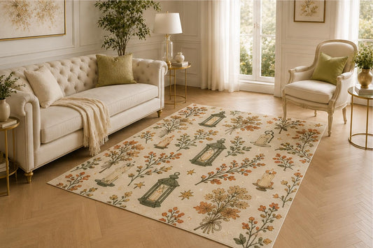 ICE ARMOR 5' x 7' Autumn Lantern Botanical Rug, Wild Berry Branch and Candle Artwork, Low Pile Indoor Floor Mat for Living Room, Bedroom, Entryway and Reading Nook