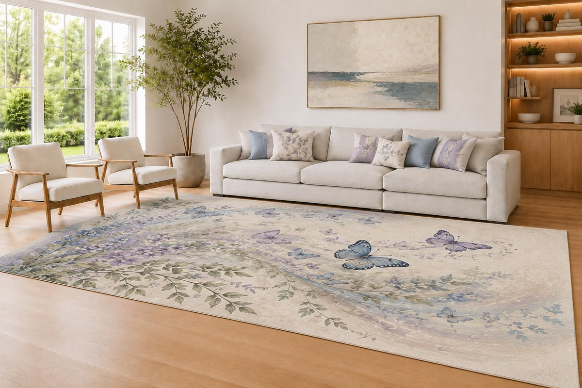 ICE ARMOR Large 6'7" x 9'10" Ivory and Blue Butterfly Breeze Area Rug for Living Room, Soft Low Pile Carpet with Non-Slip Silicone Backing, Decor for Bedroom and Home Office