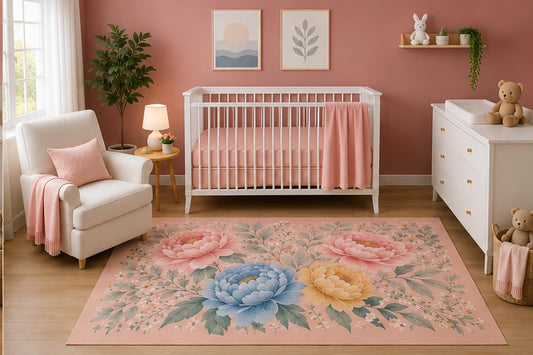 ICE ARMOR 5' x 7' Vintage Peony Floral Area Rug for Nursery Room, Elegant Pastel Botanical Bloom Design, Soft Pink Blue Yellow Baby Girl Bedroom Decor, Non-Slip Silicone Backing Low Pile