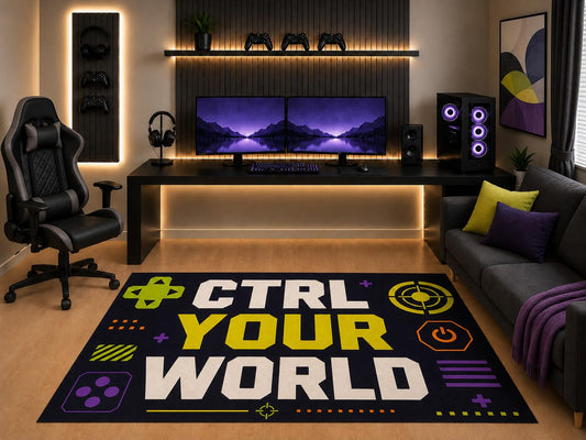 ICE ARMOR "Ultra Light Weight 5' x 7' Ctrl Your World Gaming Area Rug Retro Arcade Graphic Design for Boys Teen Bedroom Game Room Playroom Non-Slip Silicone Backing Low Pile