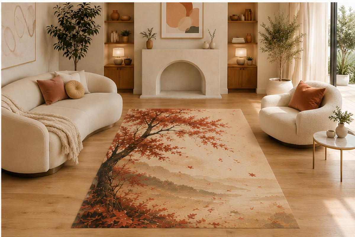 ICE ARMOR 5' x 7' Autumn Maple Tree Area Rug, Soft Low Pile Non-Slip Indoor Carpet for Living Room, Bedroom, Office, Cabin, Family Room and Seasonal Nature Home Decor, Orange