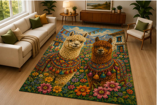 ICE ARMOR 5' x 7' Alpaca Mountain Meadow Area Rug Soft Low Pile Indoor Rug with Non Slip Silicone Backing Farm Animal Decor Carpet for Living Room Bedroom Nursery Kids Room Multicolor
