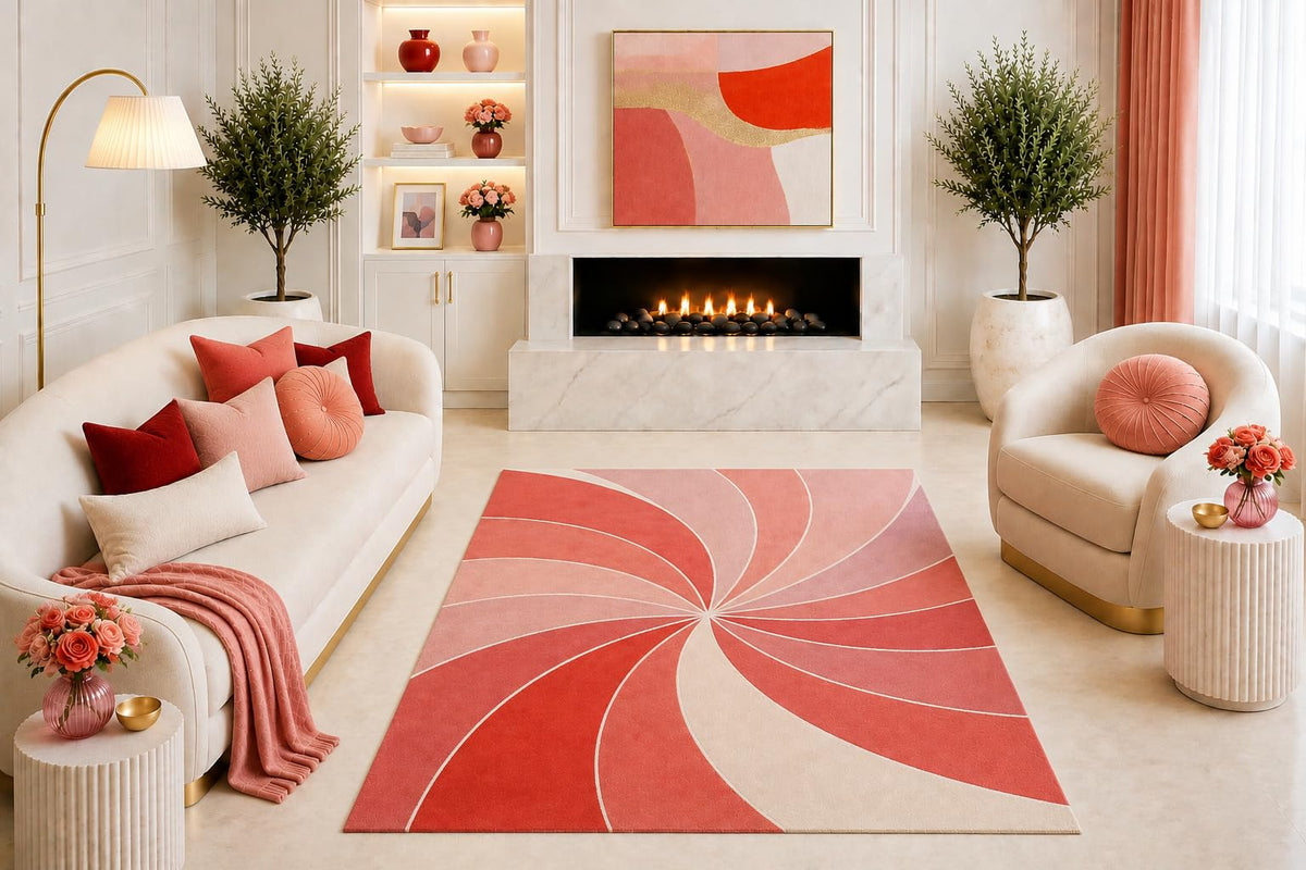 ICE ARMOR "Ultra Light Weight 5' x 7' Coral Pink Abstract Swirl Area Rug, Mid Century Modern Spiral Sunburst Design for Living Room Bedroom Dining Room, Non-Slip Silicone Backing Low Pile