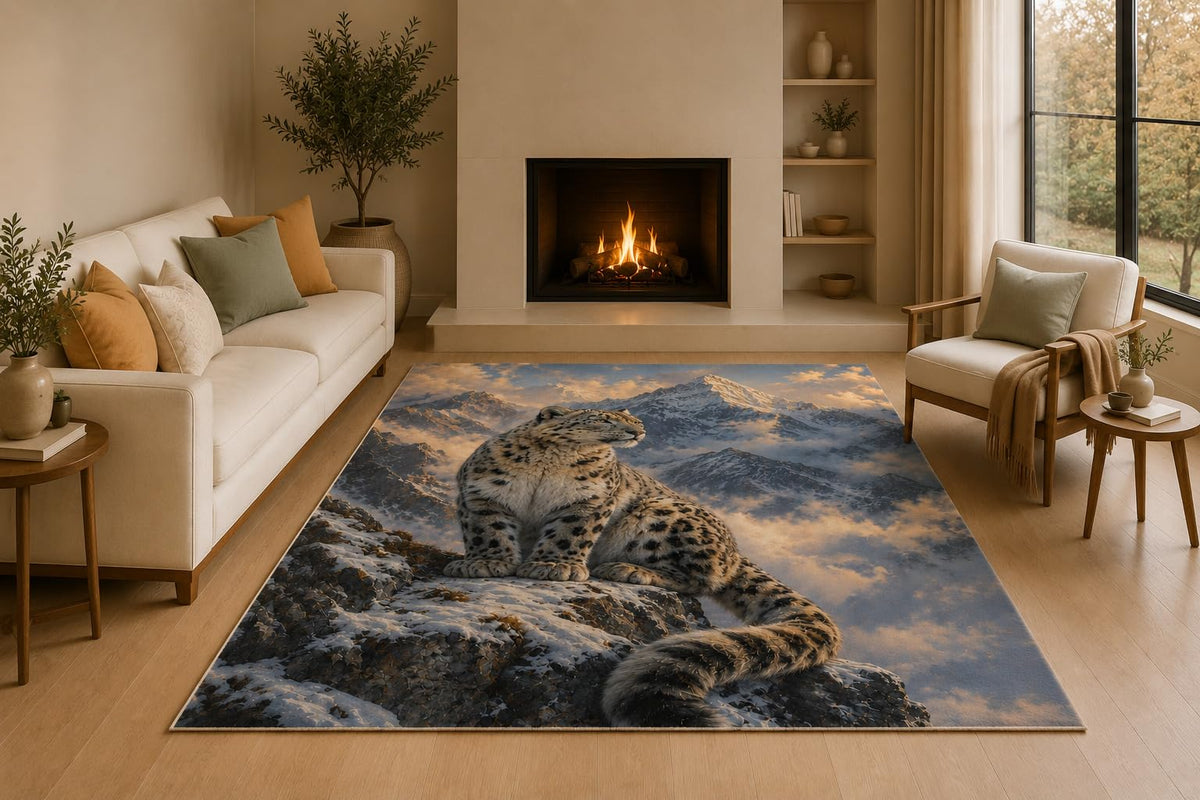 ICE ARMOR 5' x 7' Snow Leopard Mountain Area Rug with Non-Slip Silicone Backing Low Pile Soft Carpet for Living Room Bedroom Office Wildlife Nature Decor