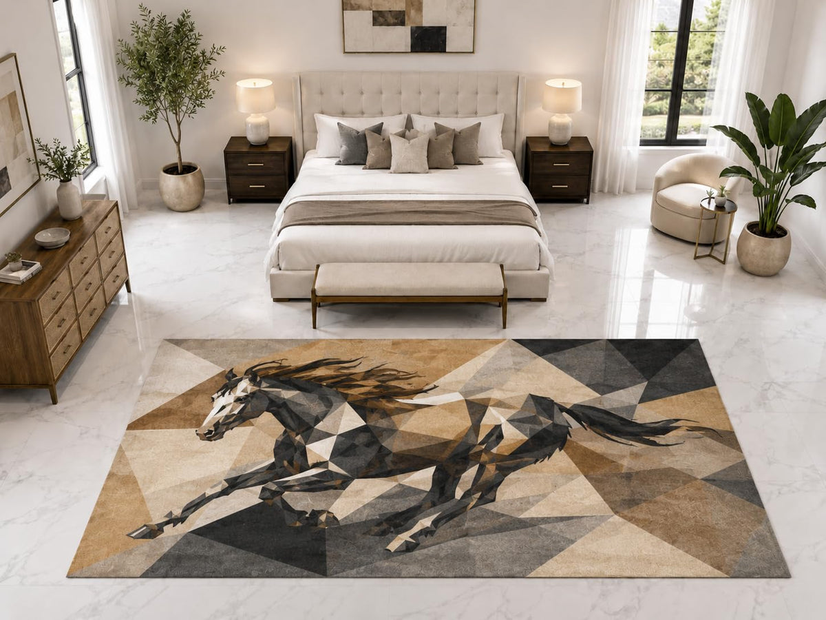 ICE ARMOR "Ultra Light Weight Large 6'7" x 9'10" Running Horse Rug, Soft Low Pile Indoor Rug, Non-Slip Silicone Backing for Bedroom Brown Black