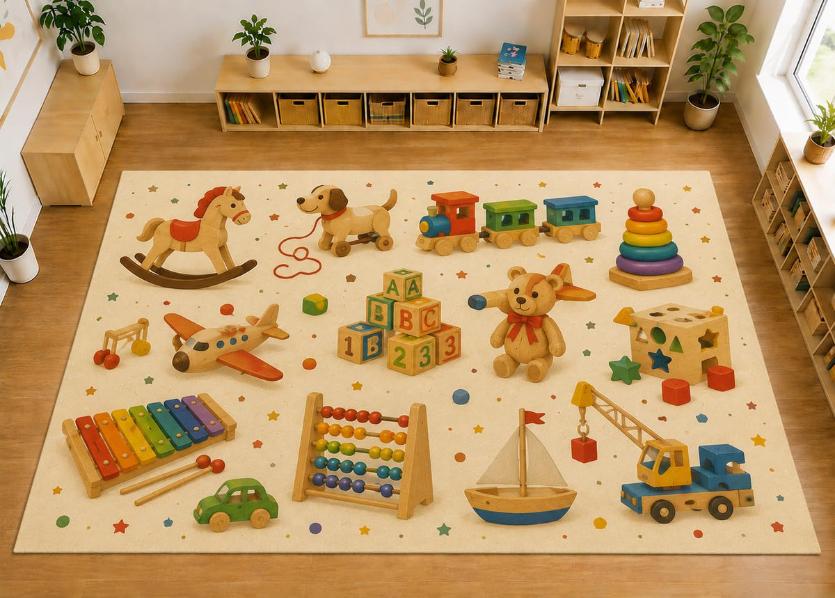 ICE ARMOR Large 6'7" x 9'10" Classic Wooden Toys Area Rug, Soft Low Pile Indoor Rug with Non-Slip Silicone Backing for Nursery and Playroom, Ivory