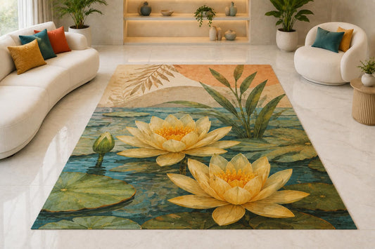 ICE ARMOR "Ultra Lightweight Large 6'7" x 9'10" Lotus Pond Area Rug for Living Room, Bedroom and Home Office, Soft Low Pile Carpet with Non-Slip Silicone Backing, Green and Golden Color