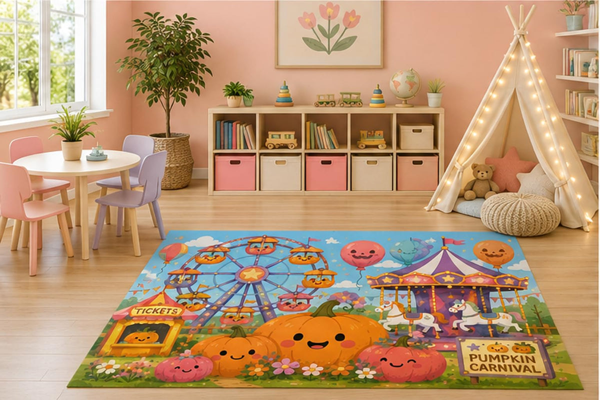 ICE ARMOR 5' x 7' Pumpkin Carnival Fair Kids Area Rug, Cute Halloween Amusement Park Cartoon Nursery Playroom Bedroom Classroom Decor, Non-Slip Silicone Backing Low Pile