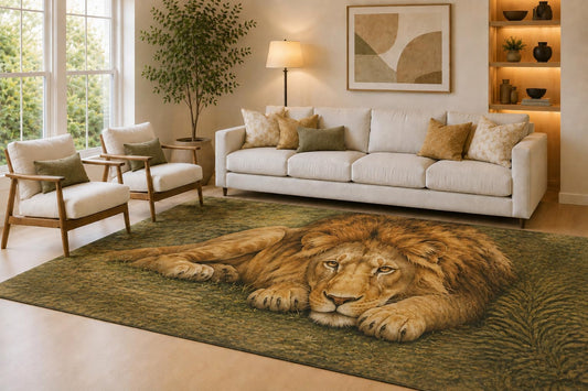 ICE ARMOR Large 6'7" x 9'10" Brown & Olive Watchful Lion Area Rug for Living Room, Soft Low Pile Carpet with Non-Slip Silicone Backing, Decor for Bedroom & Home Office