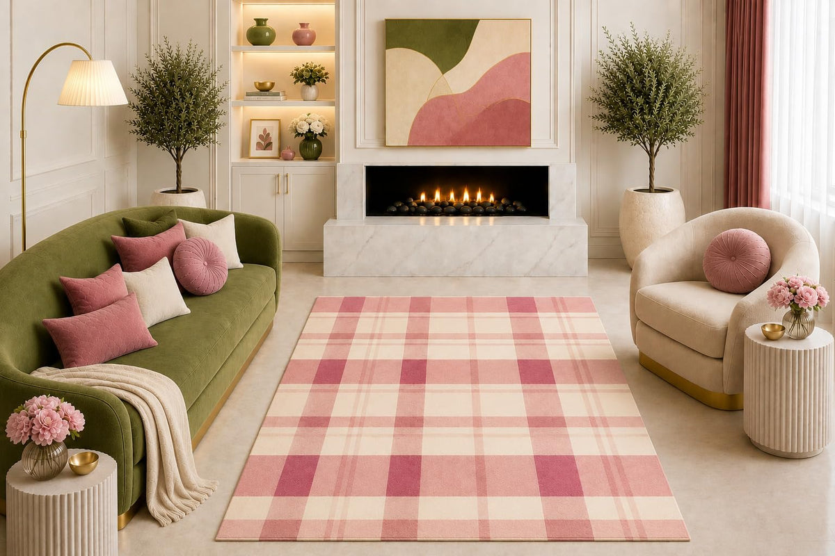 ICE ARMOR "Ultra Light Weight 5' x 7' Pink Cream Plaid Area Rug Soft Pastel Tartan Check Pattern Living Room Bedroom Nursery Home Decor Non-Slip Silicone Backing Low Pile