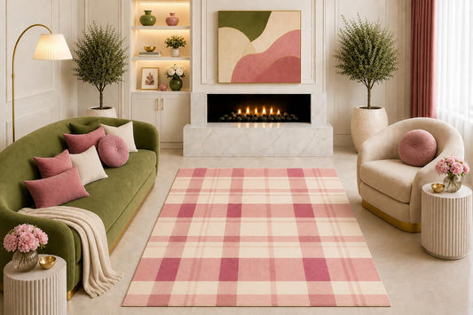 ICE ARMOR "Ultra Light Weight 5' x 7' Pink Cream Plaid Area Rug Soft Pastel Tartan Check Pattern Living Room Bedroom Nursery Home Decor Non-Slip Silicone Backing Low Pile
