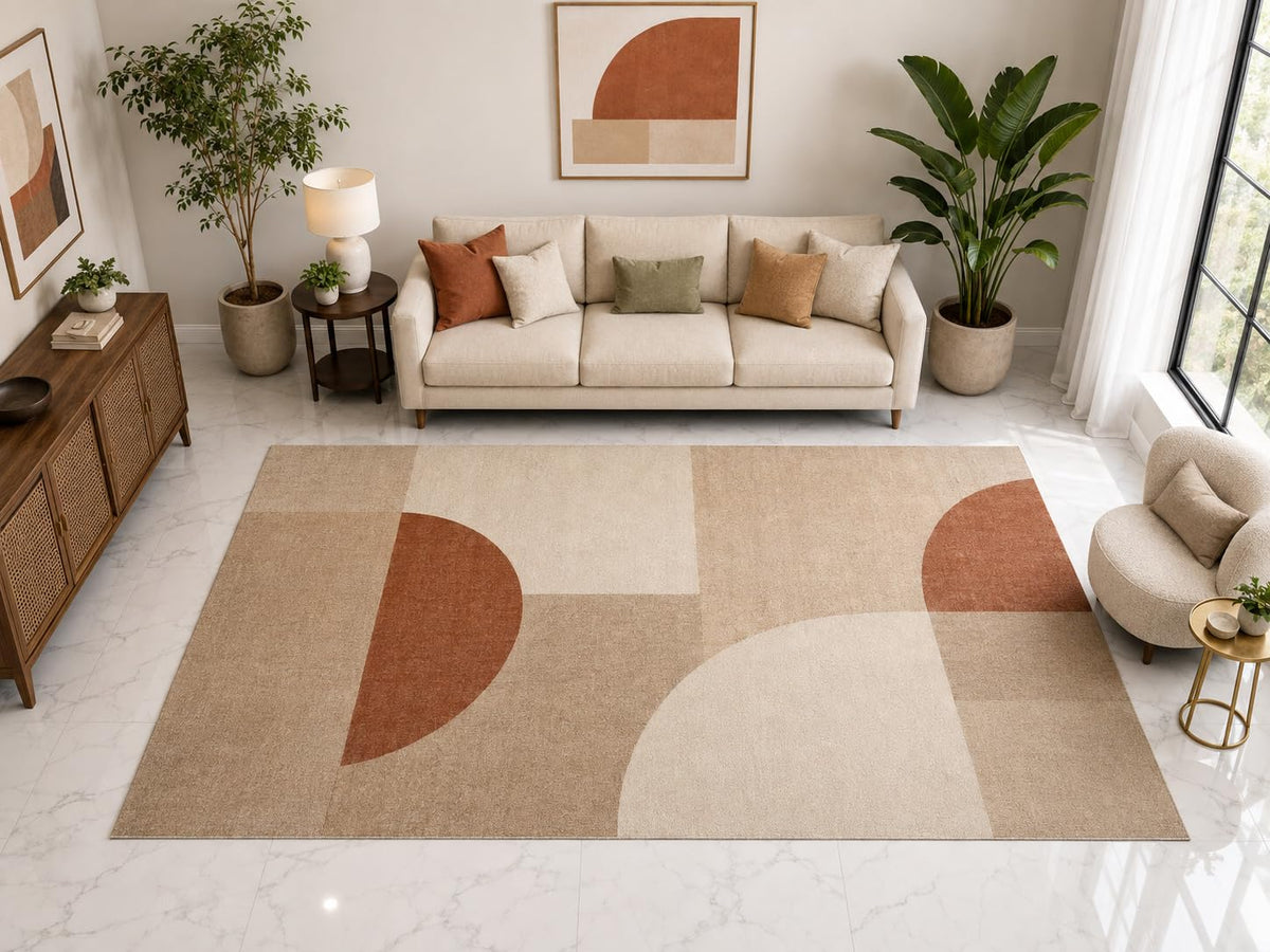 ICE ARMOR "Ultra Light Weight Large 6'7" x 9'10" Boho Abstract Arch Rug, Soft Low Pile Indoor Rug, Non-Slip Silicone Backing Living Room Terracotta