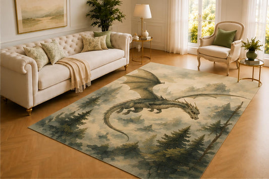ICE ARMOR 5' x 7' Flying Dragon Rug, Mythical Creature Above Misty Forest Trees, Soft Floor Cover for Living Room, Bedroom, Game Room and Fantasy Decor
