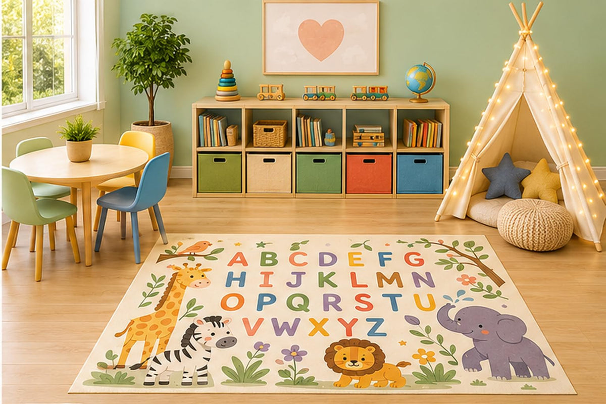 ICE ARMOR 5' x 7' Safari Alphabet Area Rug, Educational ABC Animal Learning Play Mat with Giraffe Zebra Lion Elephant for Kids Nursery Classroom Playroom, Non-Slip Silicone Backing Low Pile